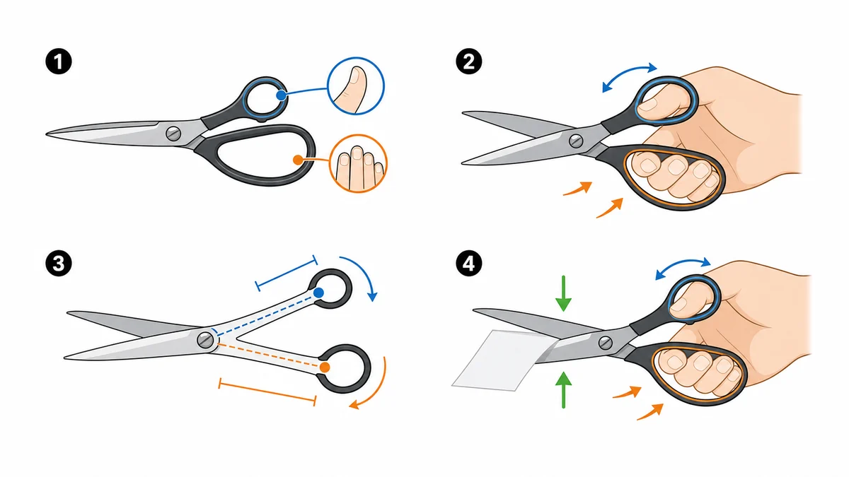 Infographic showing how different scissor handle sizes improve finger support, thumb control, leverage, and cutting power
