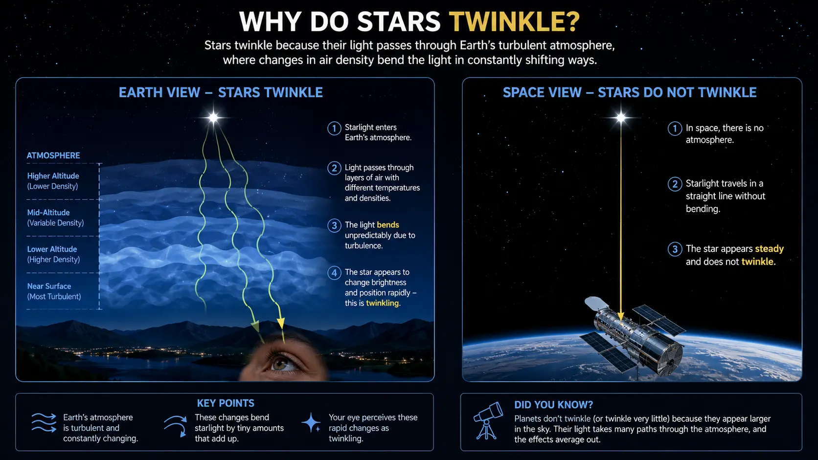 Diagram showing straight starlight entering atmosphere, bending through multiple air layers, and reaching an observer as scattered rays