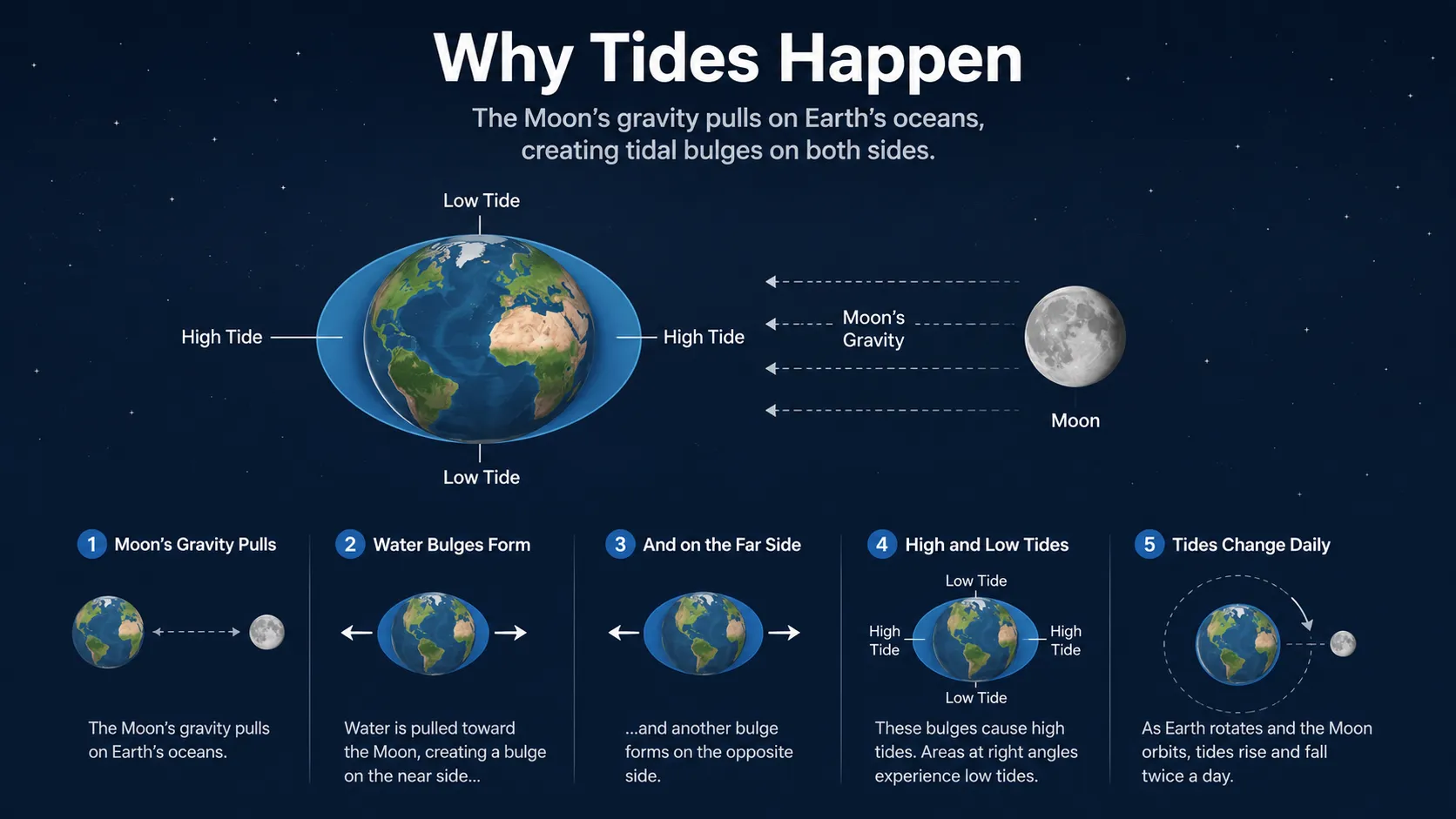 Diagram showing Earth with two tidal bulges and the moon's gravity