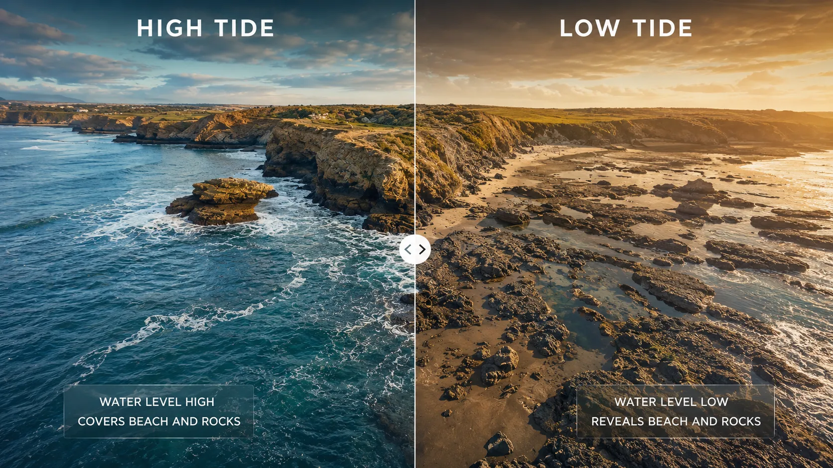 Low tide on a rocky coastline with exposed tidal pools