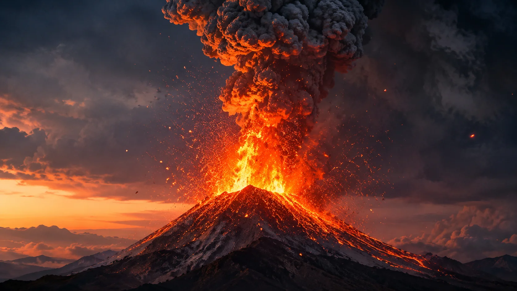 Active volcano erupting at night with lava fountains and glowing lava flows
