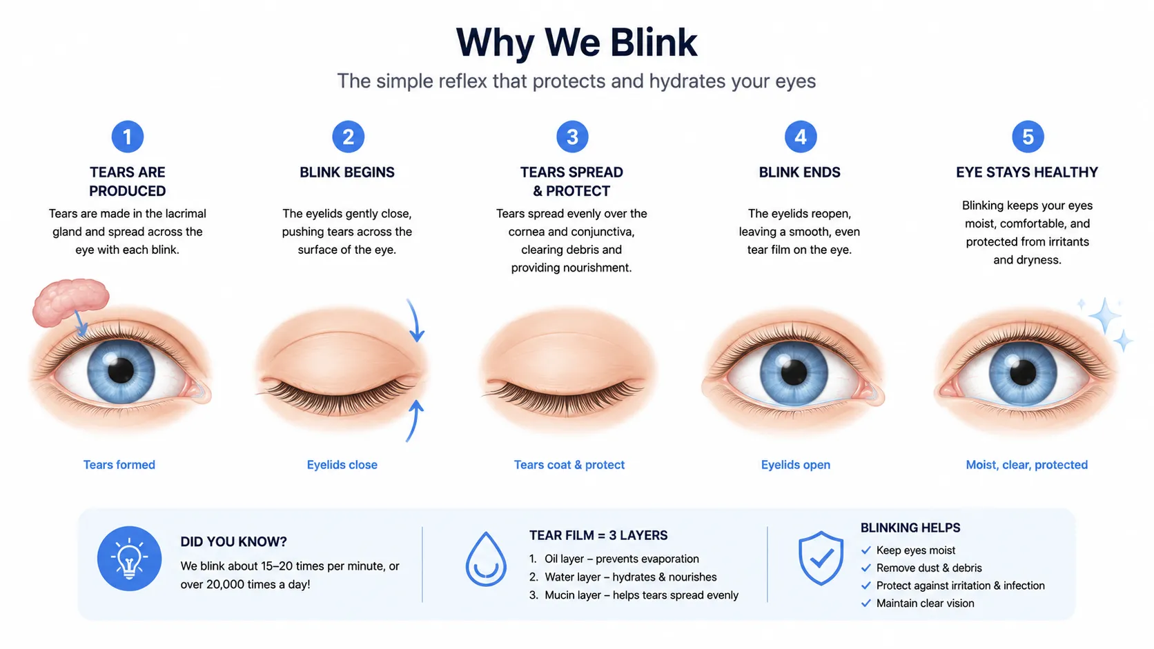 Diagram showing tear film spread, eyelid mechanics, and saccadic suppression during a blink