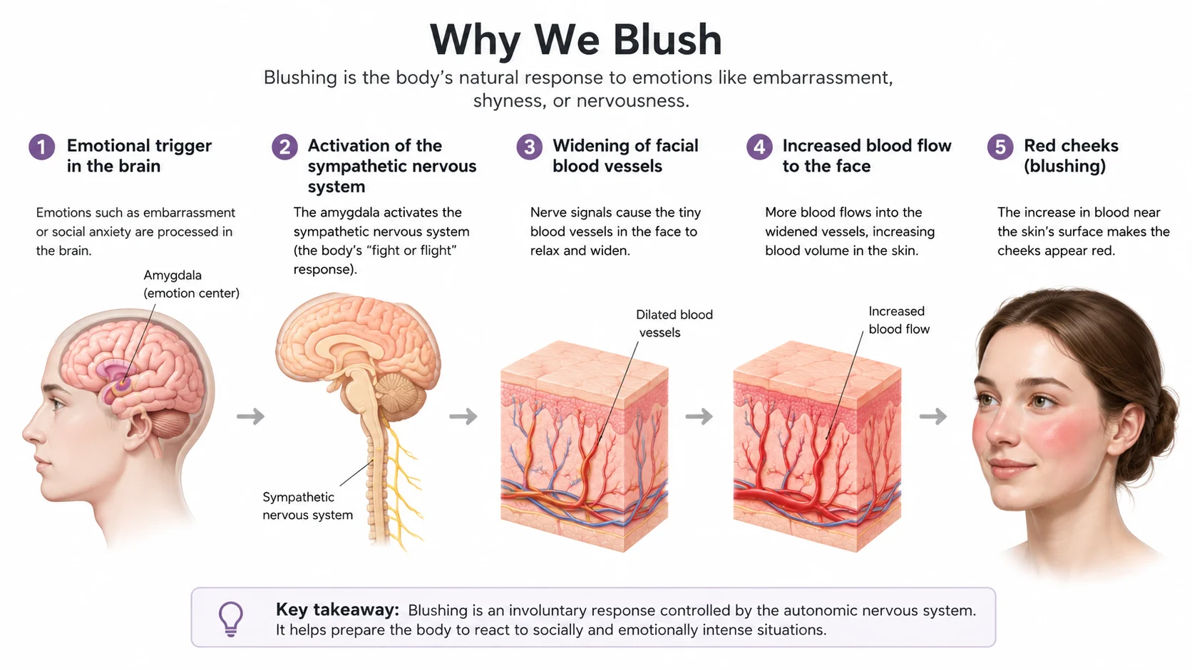 Diagram showing brain processing social stimulus, adrenaline release, facial vessel dilation, and visible redness