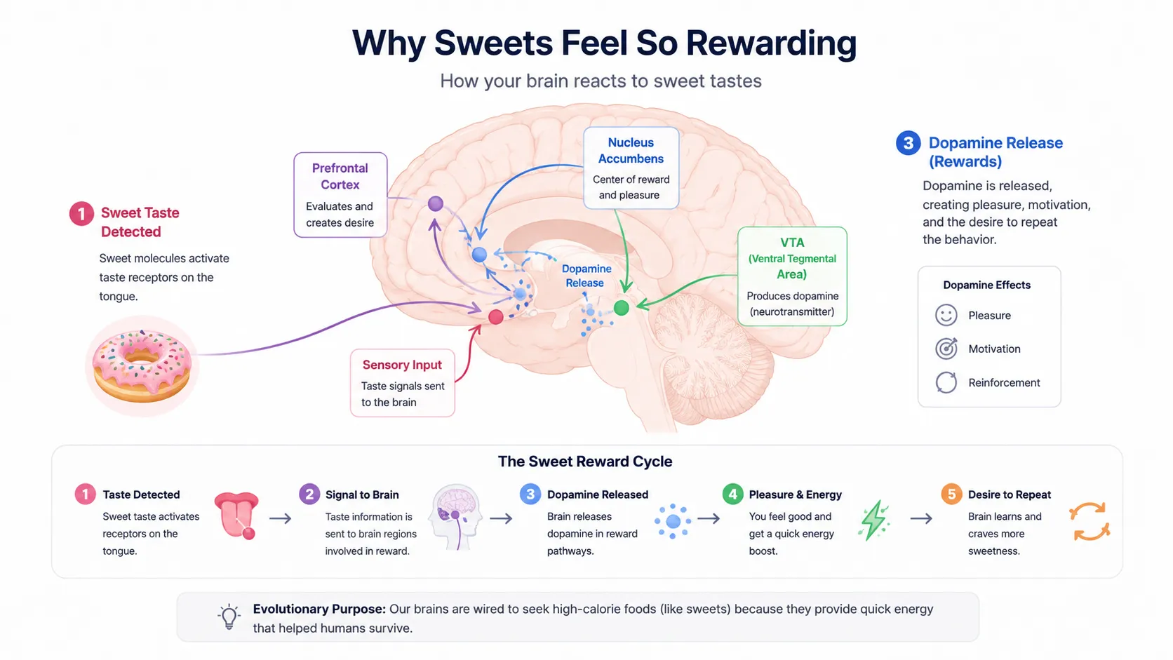 Diagram showing blood sugar pathway to hypothalamus, dopamine reward pathway from sweet taste, and cortisol craving pathway