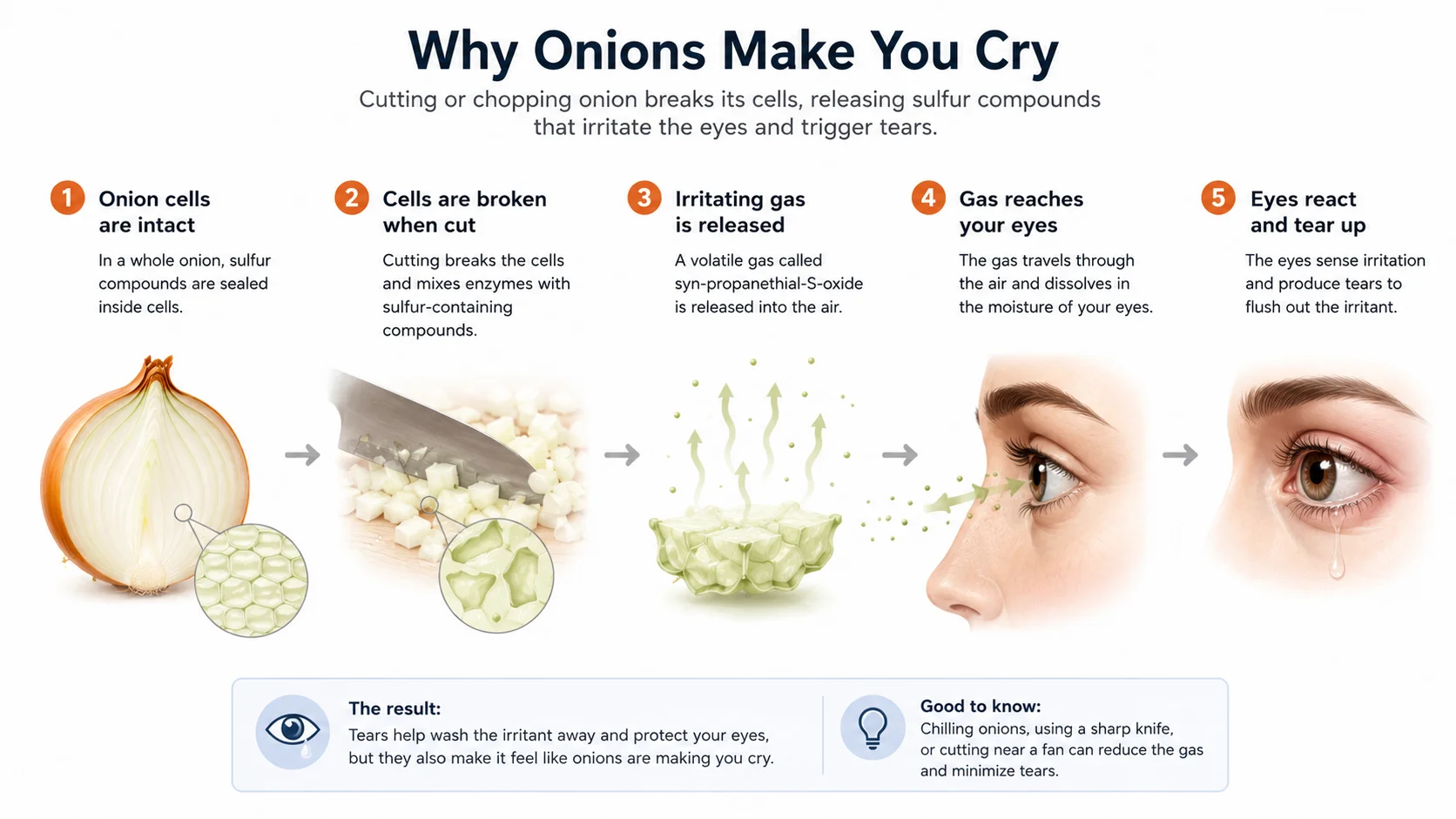 Diagram showing onion cell rupture, enzyme reaction, gas formation, eye contact, and tear response