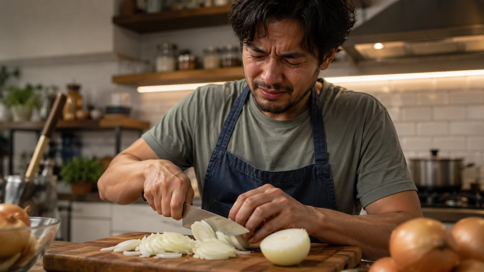 Person wiping tears from their eyes while cutting onions on a kitchen counter