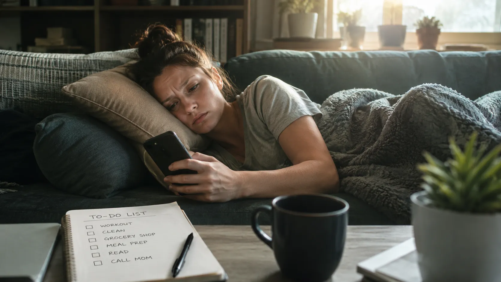 Person slumped on a couch looking lethargic on a grey day