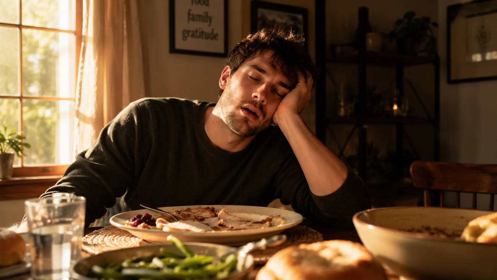 Person resting head on table after a meal with dishes nearby