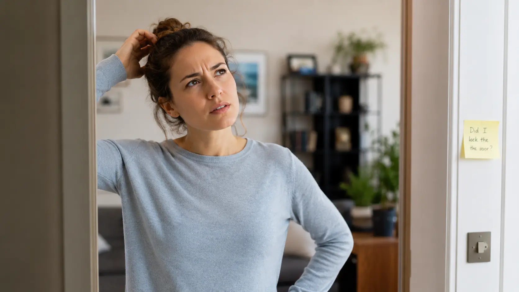 Person standing in an open doorway looking confused
