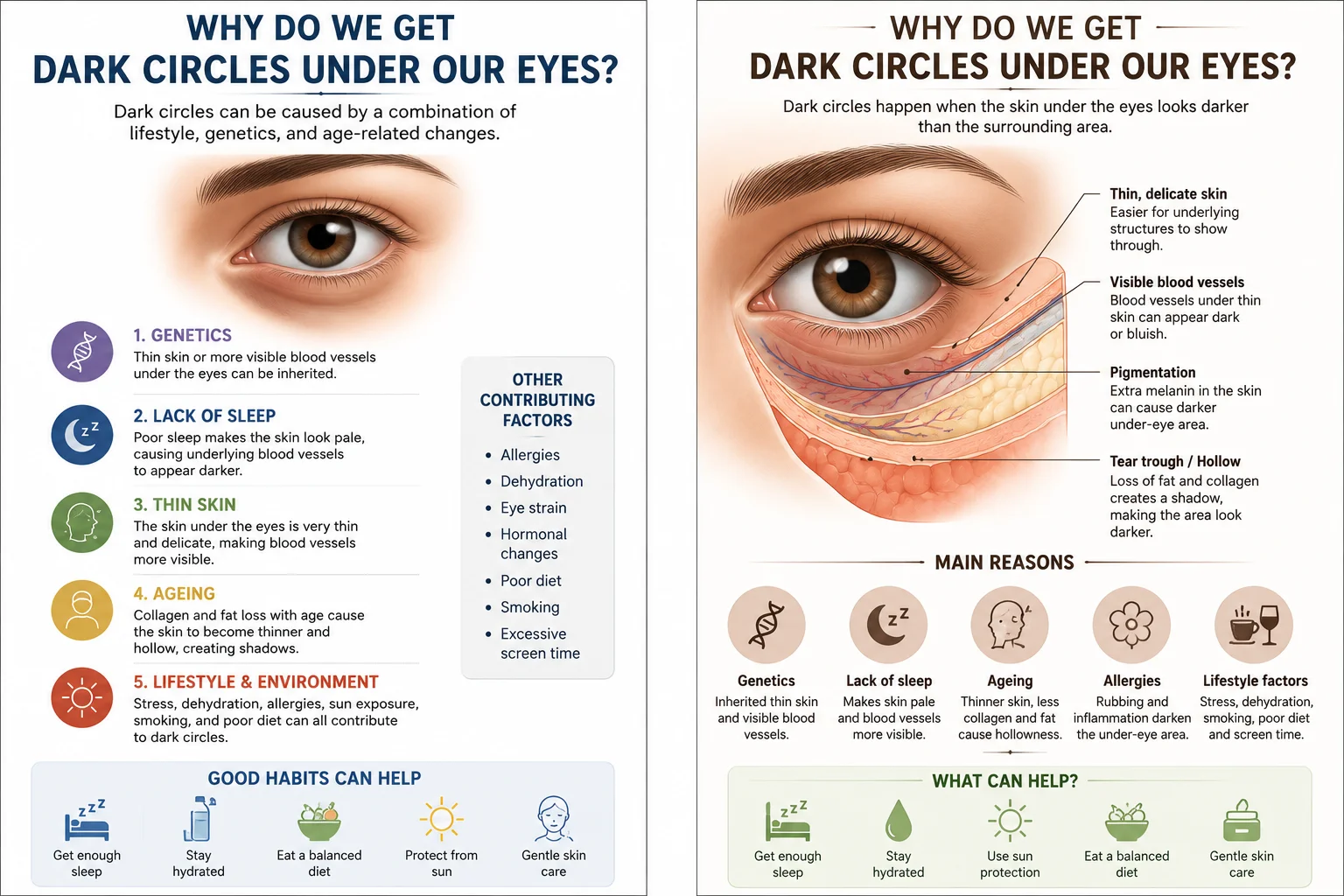 Diagram showing cross-section of under-eye tissue with vascular, pigmented, and structural dark circle causes labeled