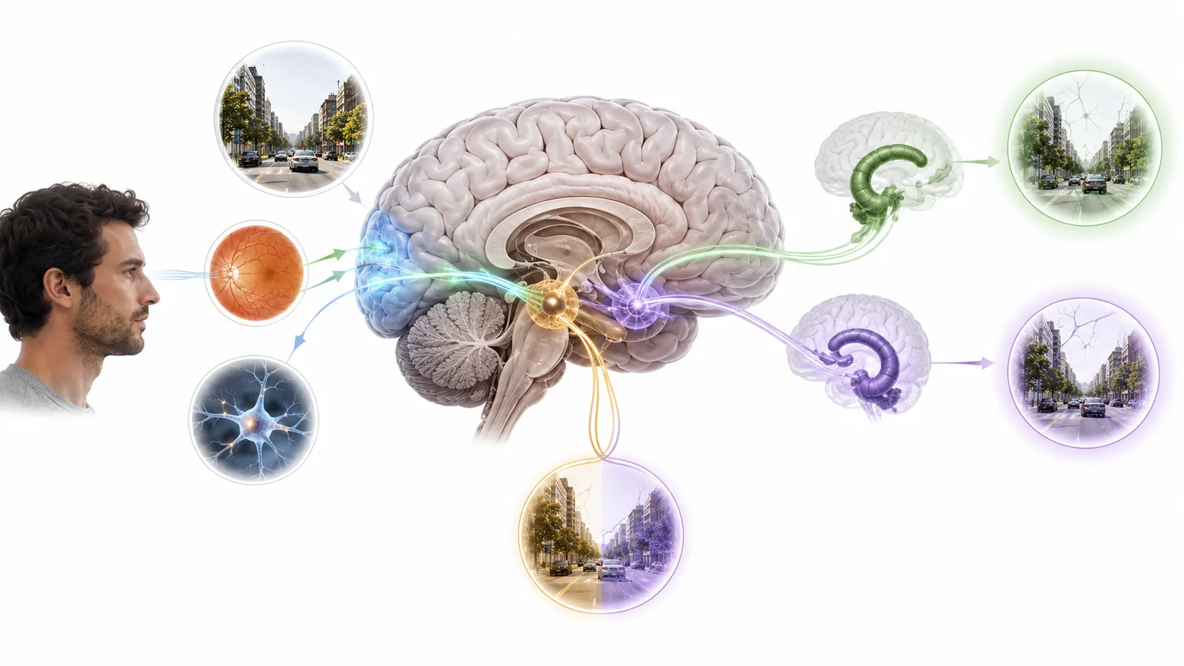 Diagram of the brain showing the temporal lobe, hippocampus, and rhinal cortex, with arrows indicating where familiarity and recollection signals can misfire