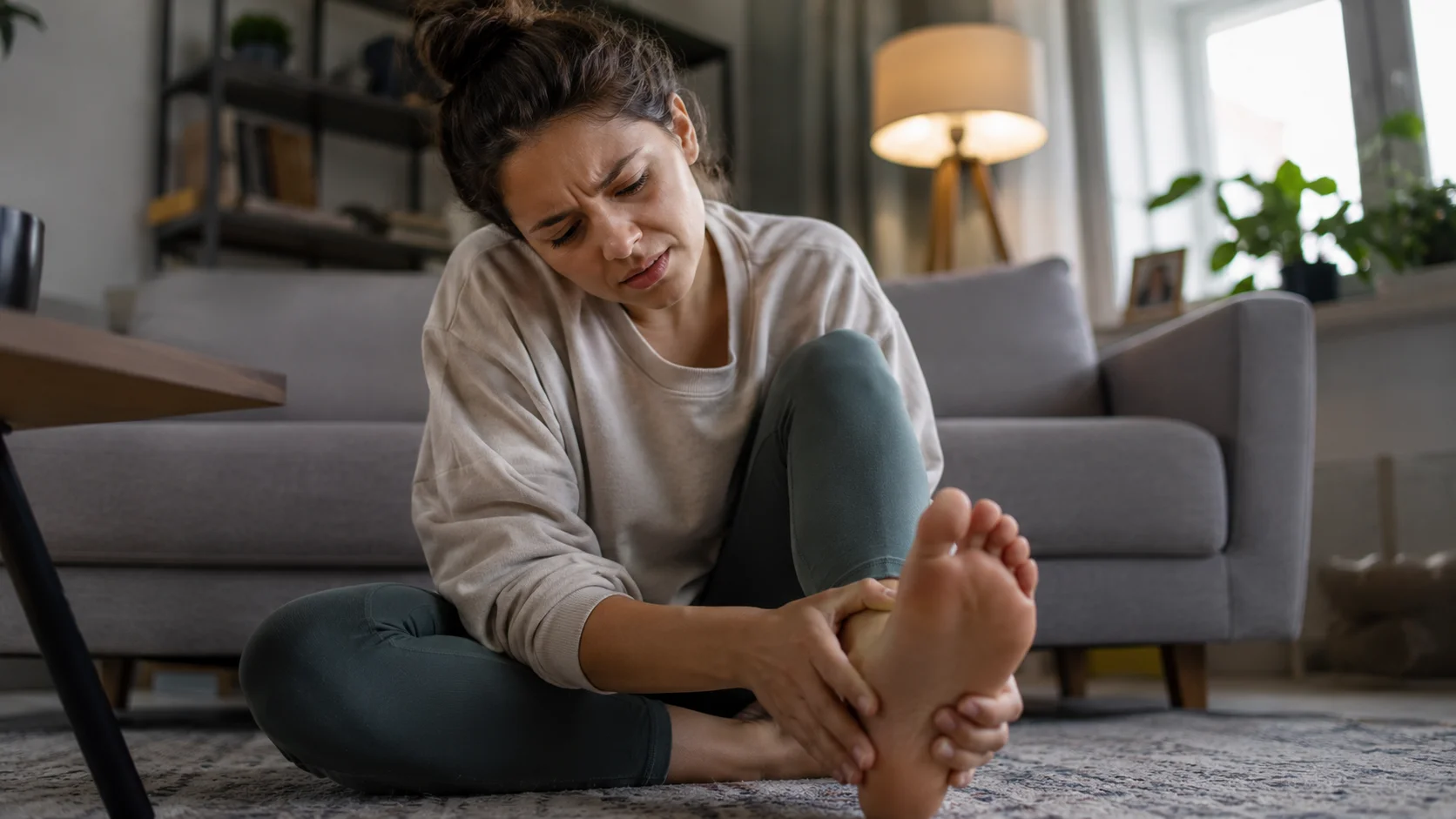 Person shaking out their hand with an expression of discomfort from pins and needles