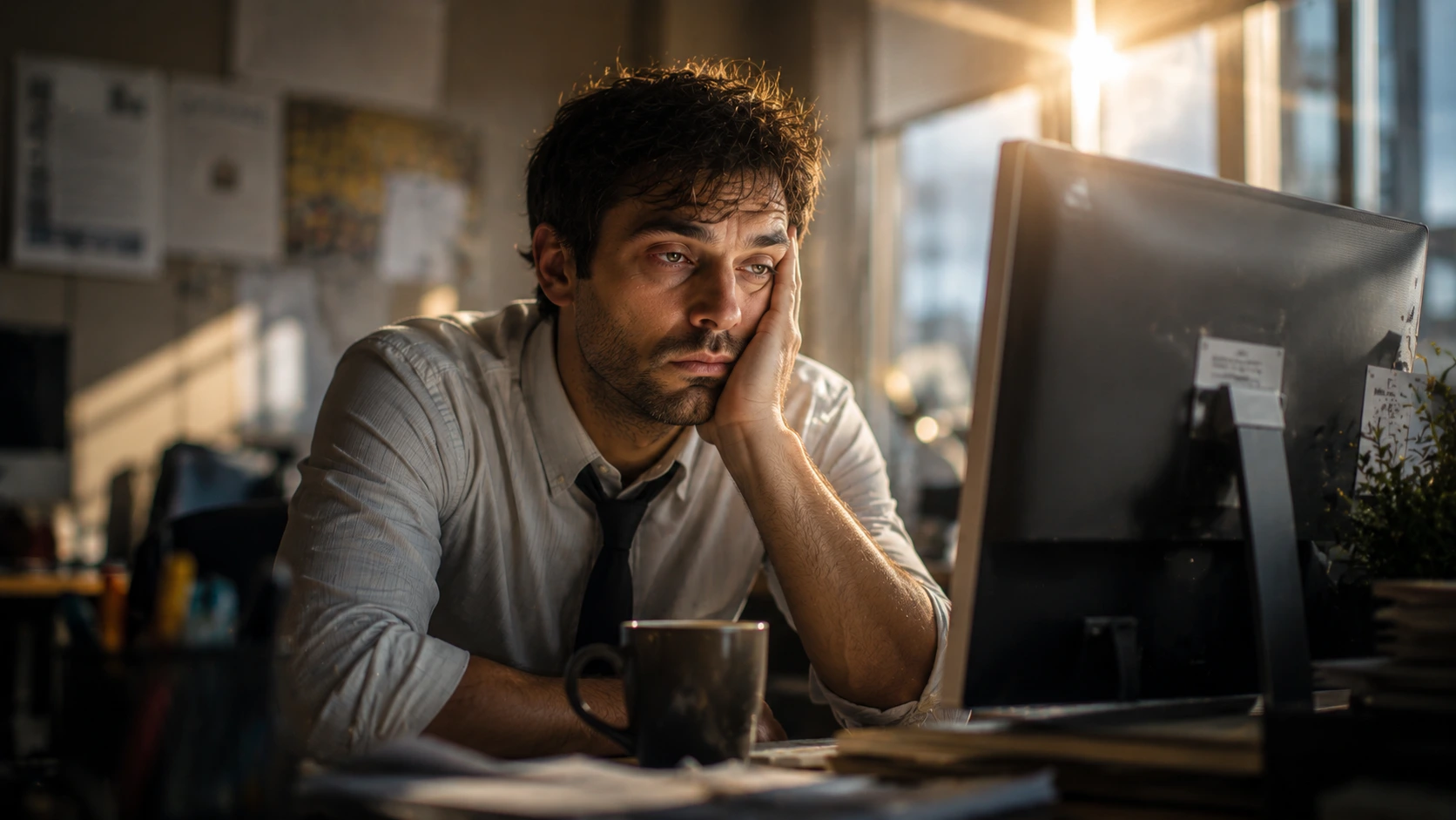Person at a desk mid-afternoon looking drowsy with sunlight coming through a window