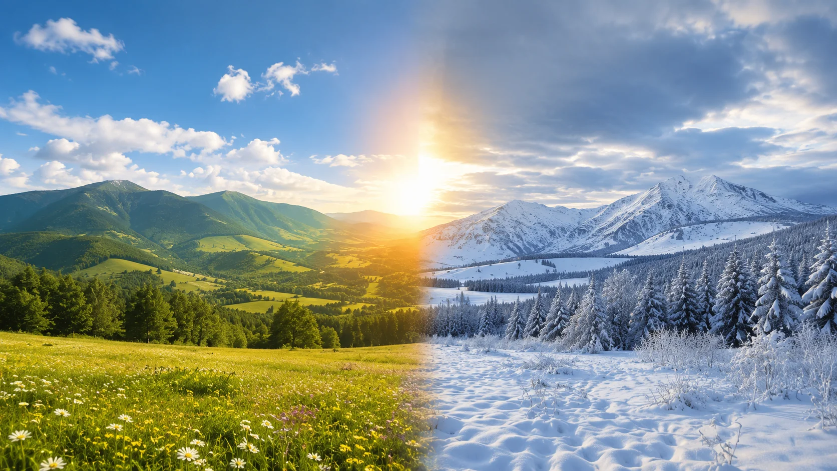 Side-by-side image of the same forest in summer and winter, showing seasonal change
