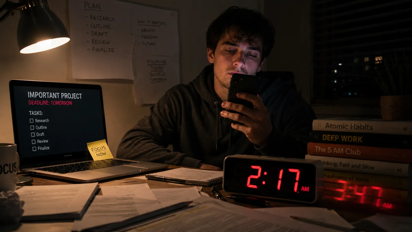 Person sitting at a desk looking away from work with a clock nearby