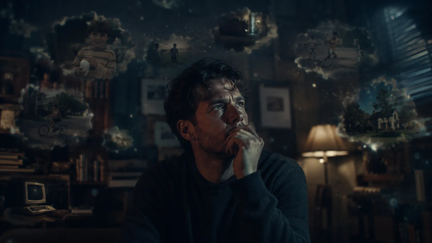 Person looking thoughtful, with faded photos of significant events and vivid snapshots of mundane moments