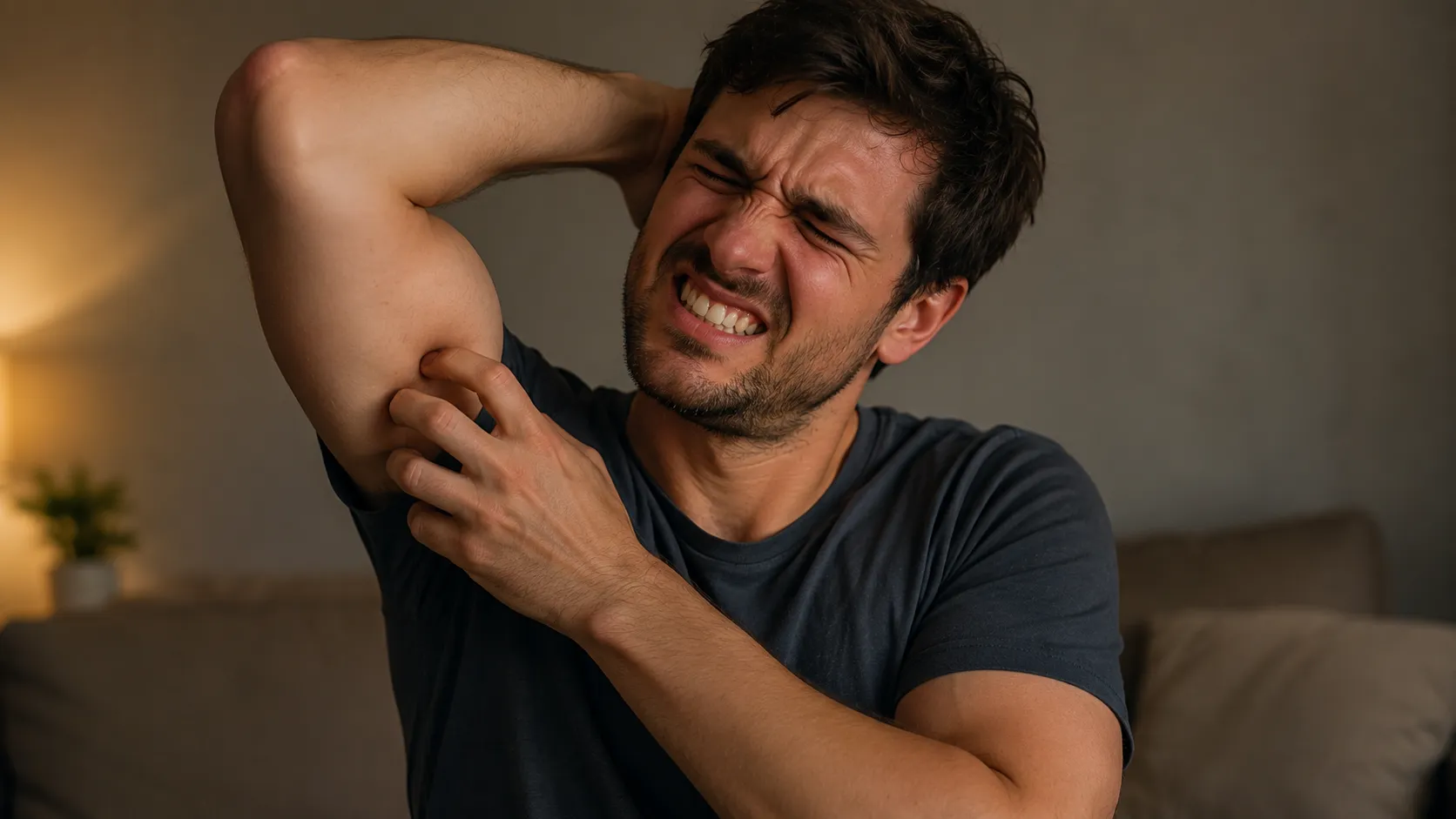 Close-up of fingernails scratching skin on forearm