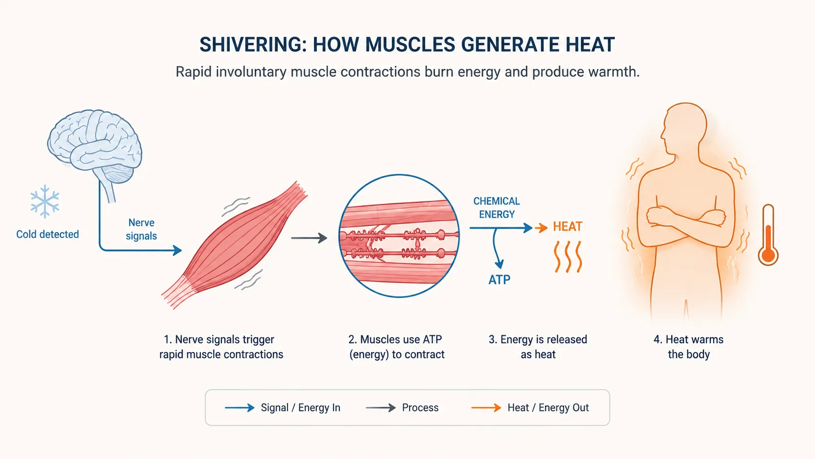 Diagram showing temperature sensors, hypothalamus, spinal cord, and muscle activation during shivering