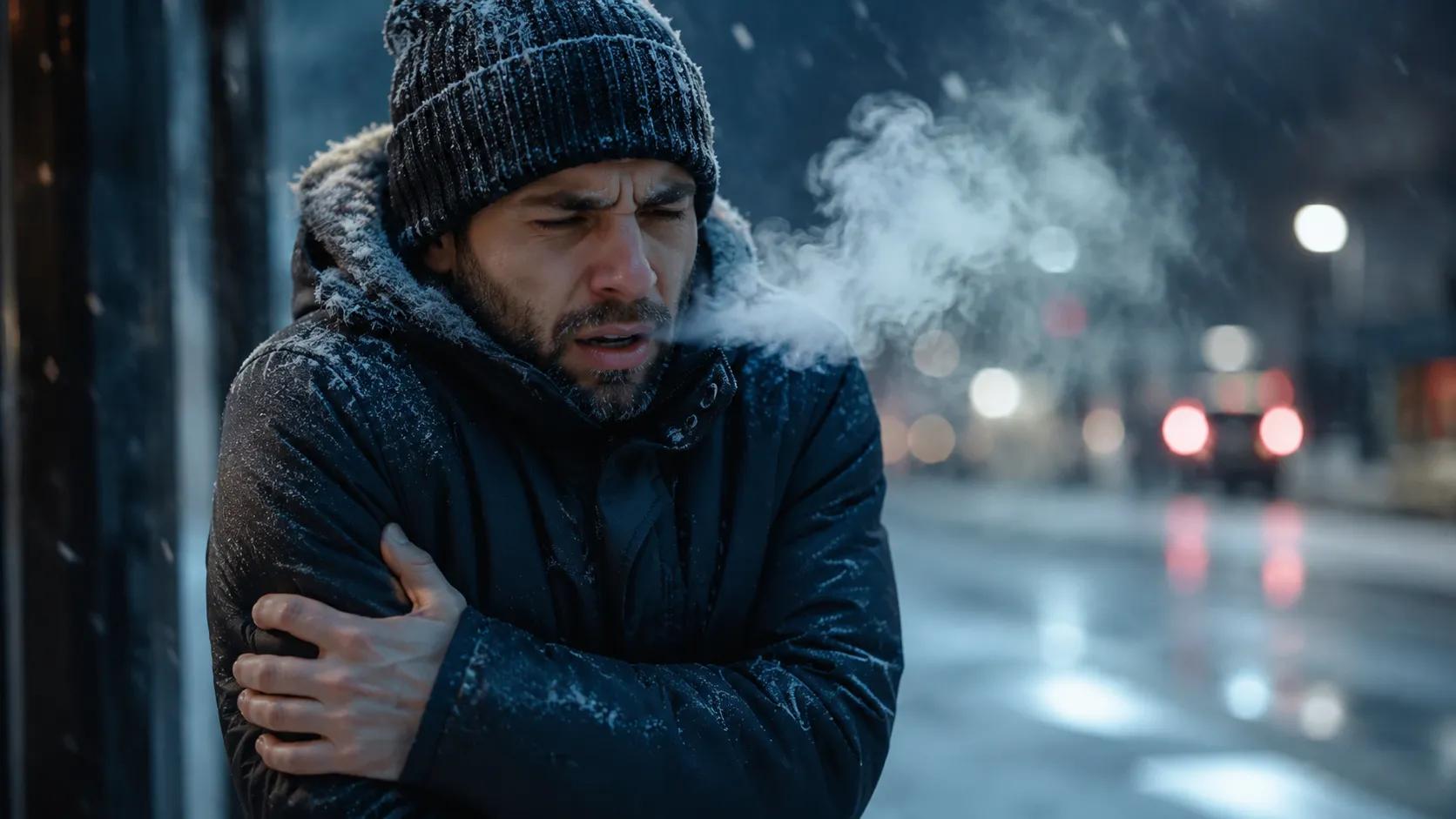 Person visibly shivering in the cold, wrapped in a coat