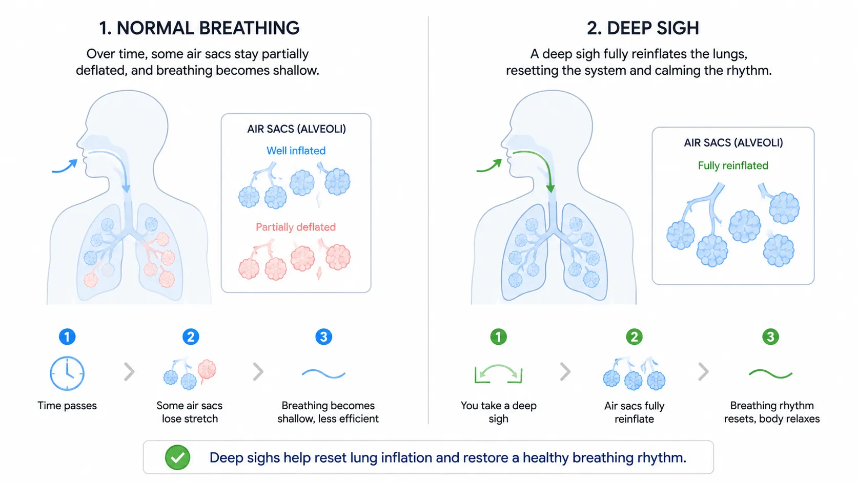 Diagram showing alveoli re-inflation during a sigh alongside a brainstem pathway for emotional sighing