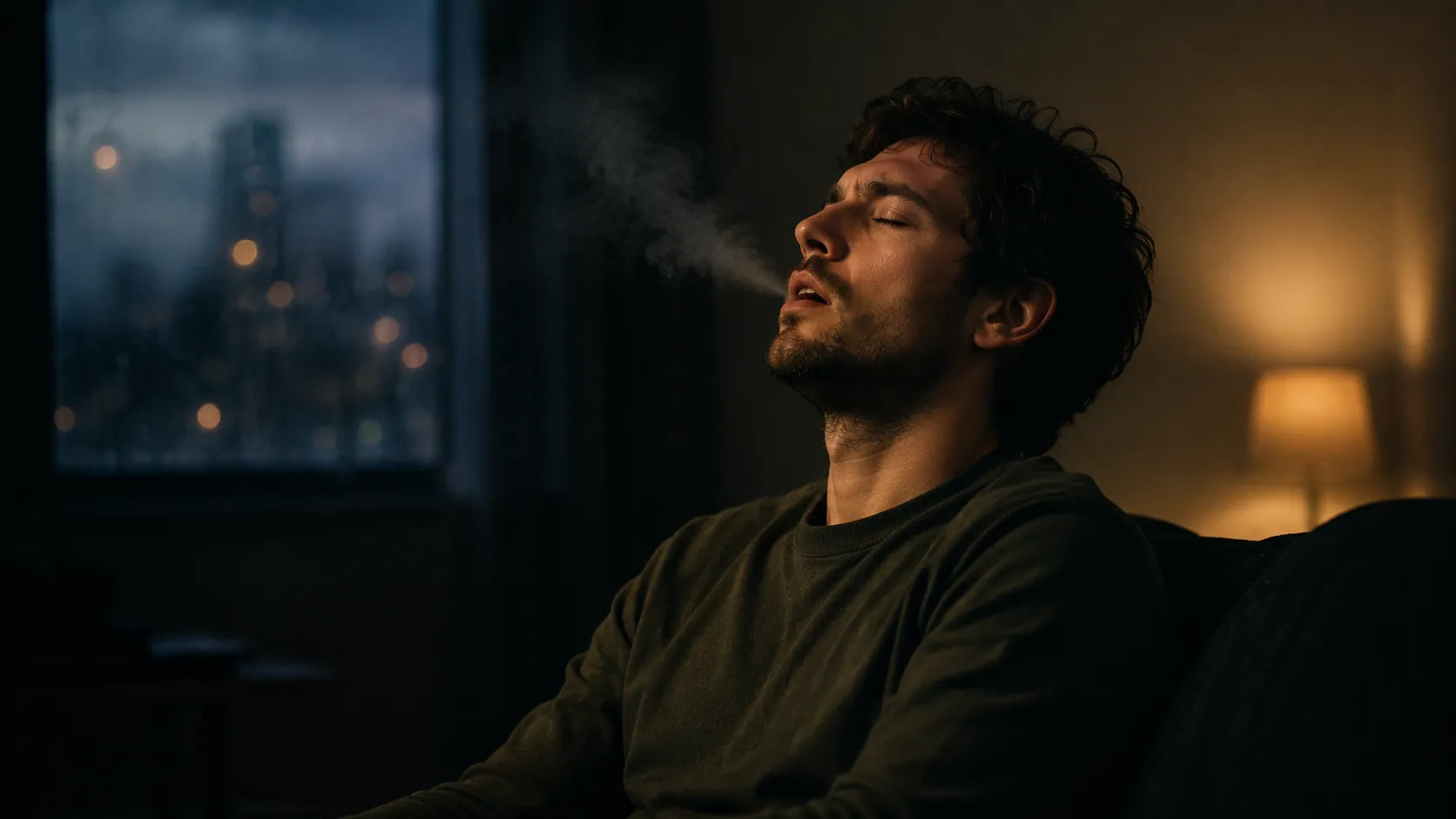 Person with eyes closed taking a long deep breath with visible tension releasing from their posture