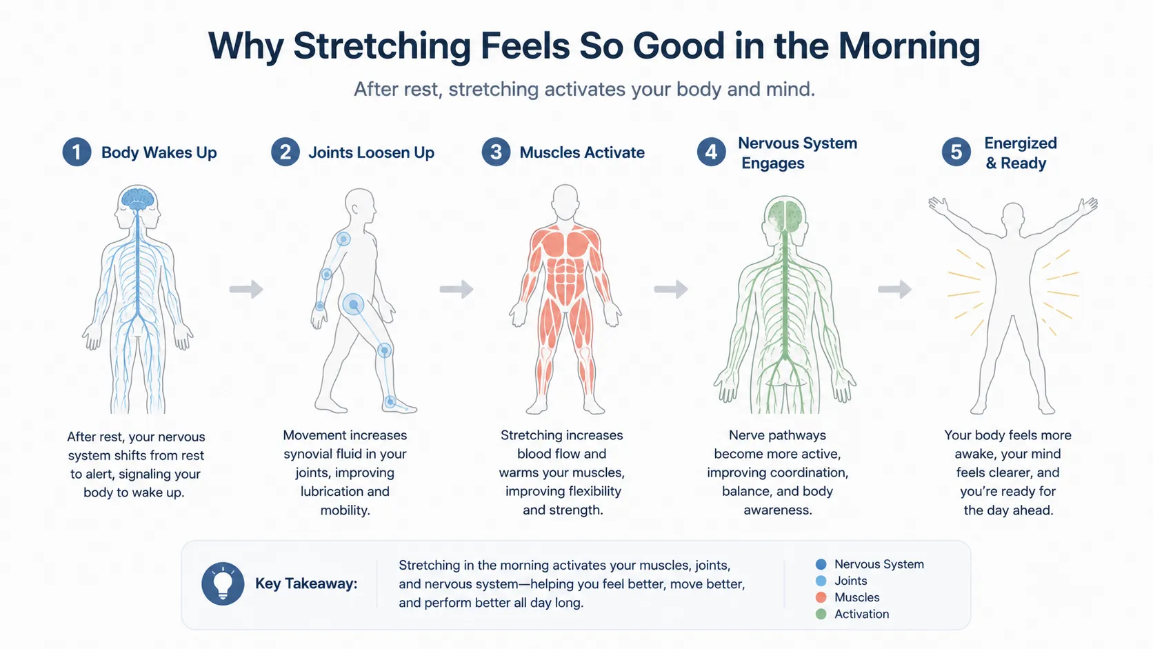 Diagram showing muscle reactivation, blood flow restoration, and proprioceptive signaling during pandiculation