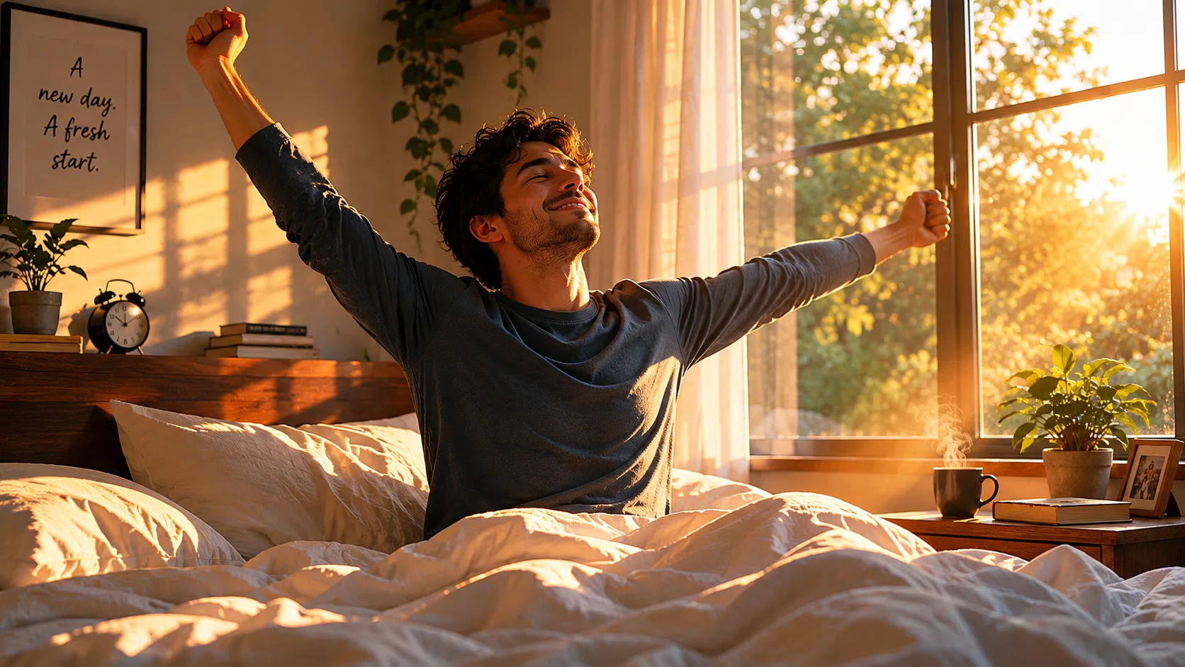 Person stretching arms overhead and arching back upon waking, morning light behind them