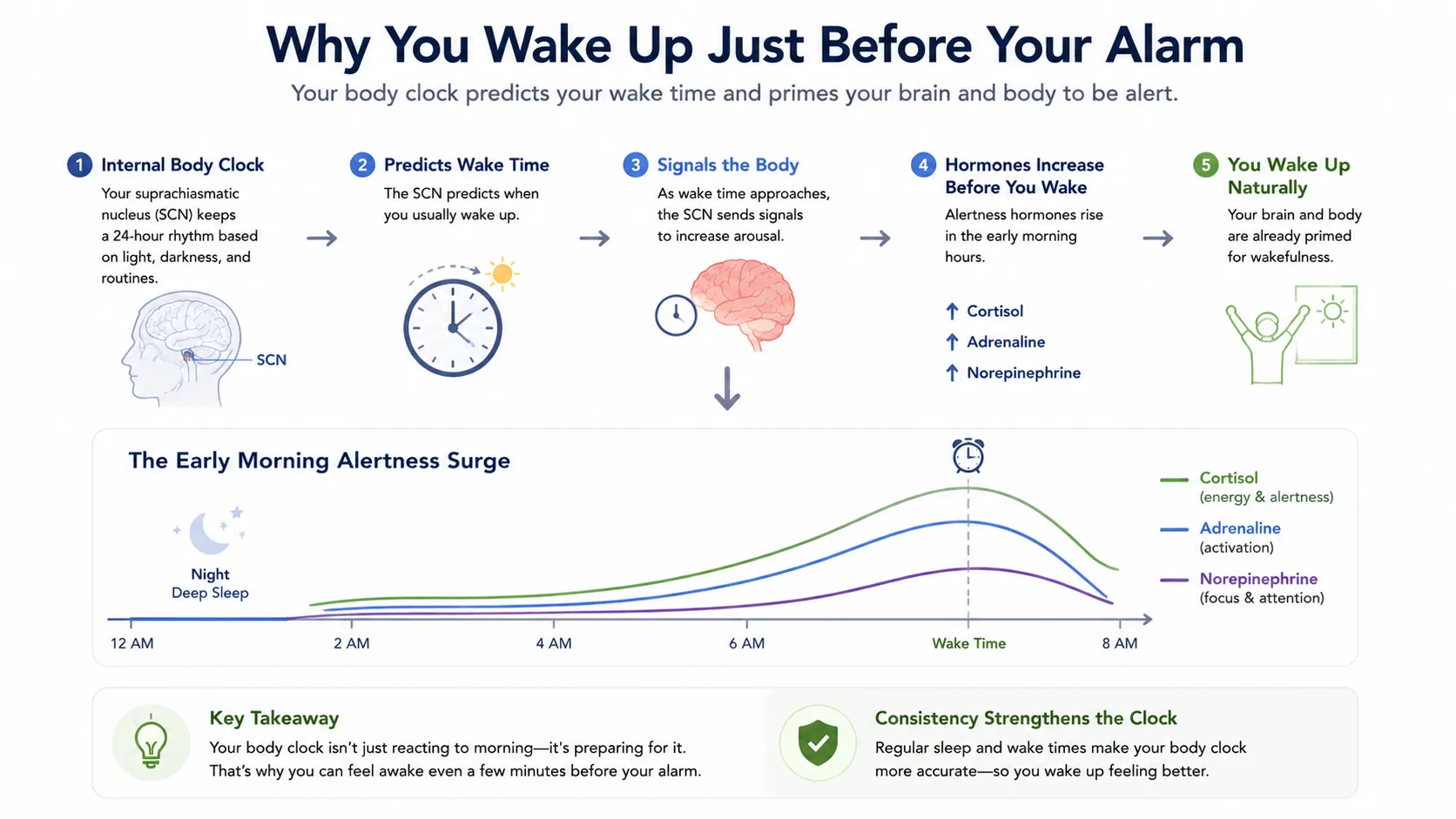 Timeline showing cortisol rise, body temperature increase, and sleep stage shift in the hour before waking