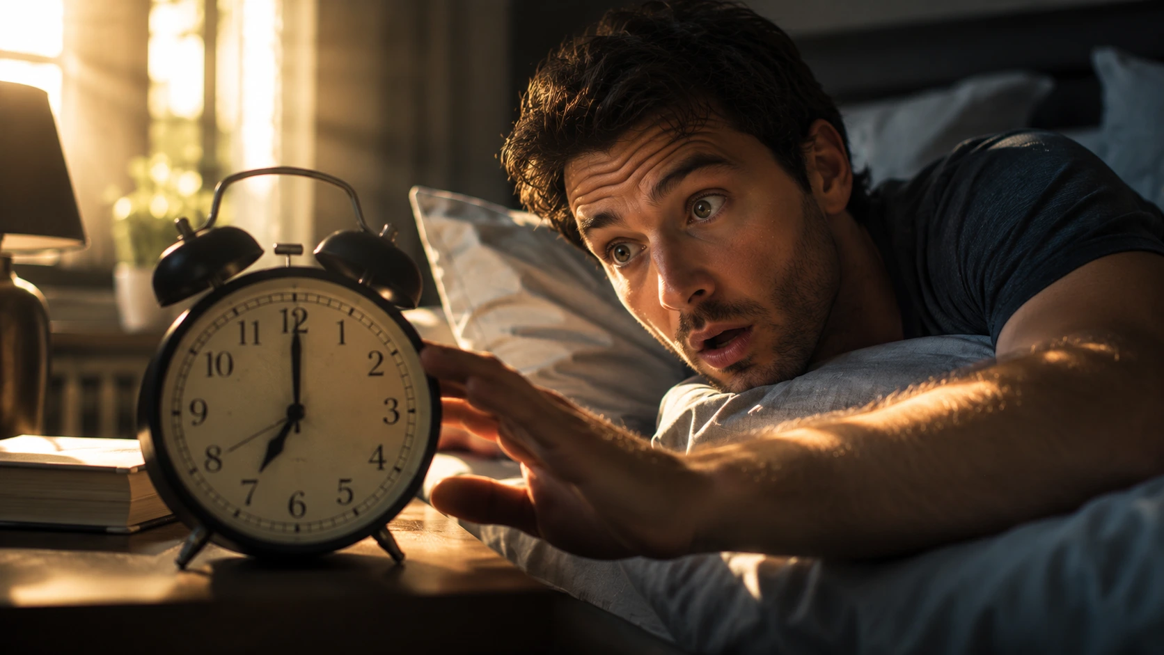 Person waking up naturally in the morning just before an alarm clock goes off