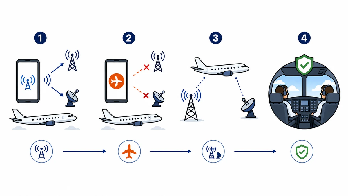 Infographic showing a phone disabling radio signals near aircraft communication systems