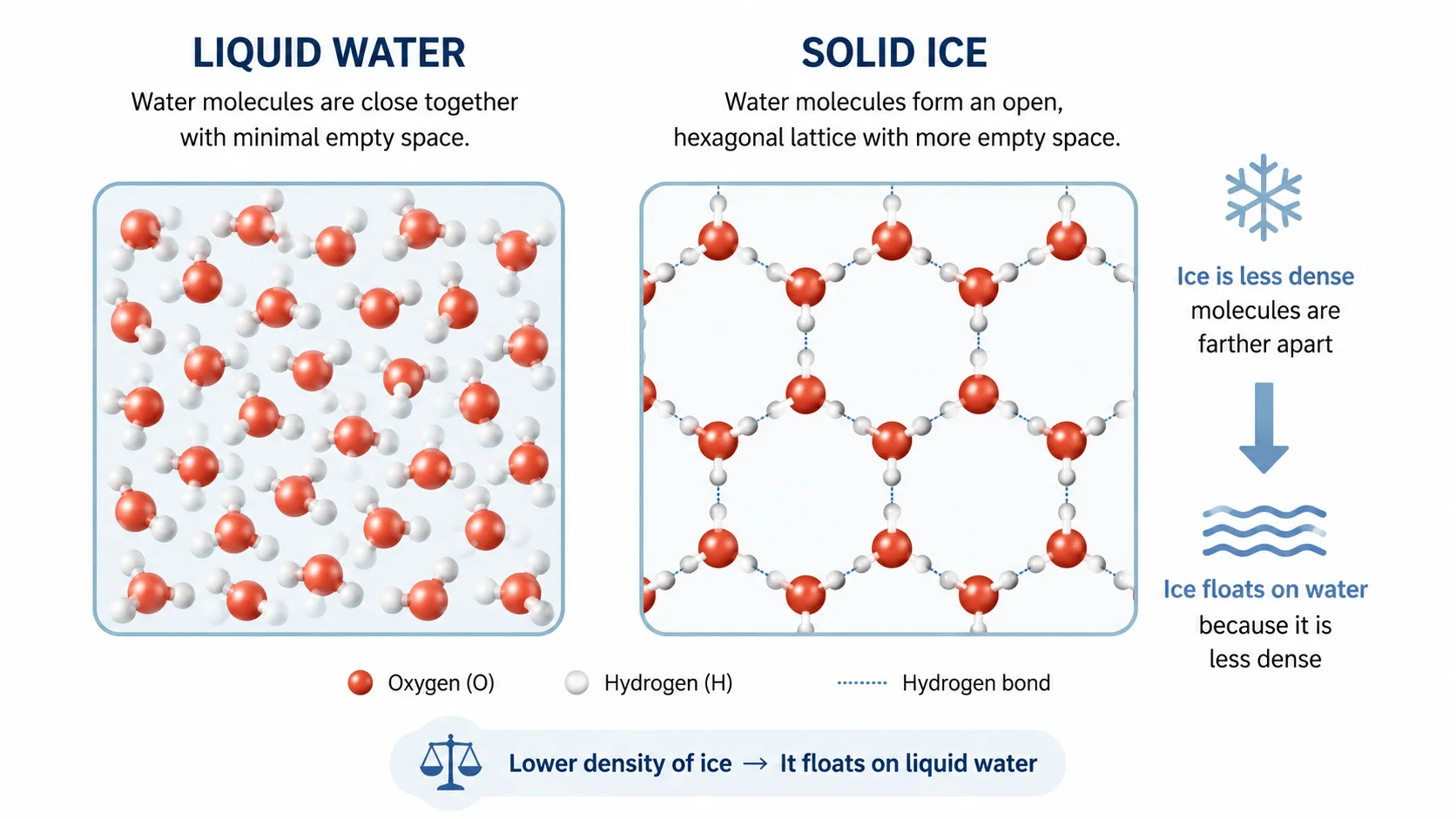 Diagram comparing liquid water molecules with the open hexagonal lattice of ice