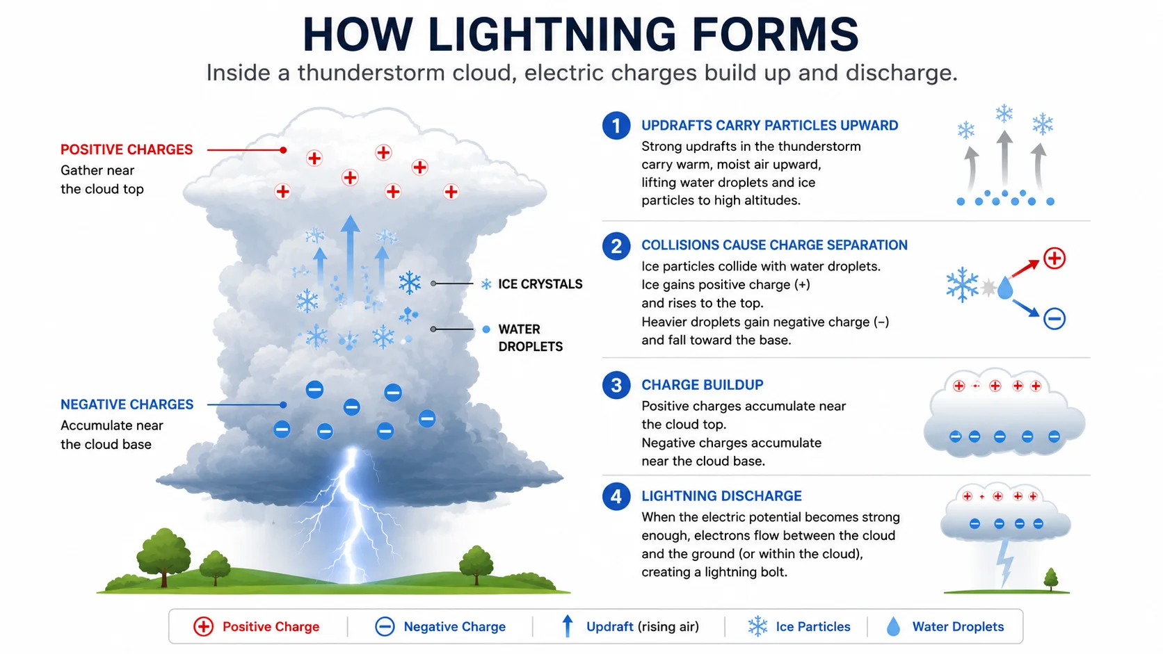 Diagram showing charge separation in a thundercloud, step leaders, streamers, and a lightning channel
