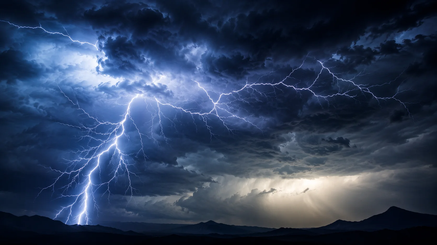Multiple lightning bolts striking over a city during a night thunderstorm
