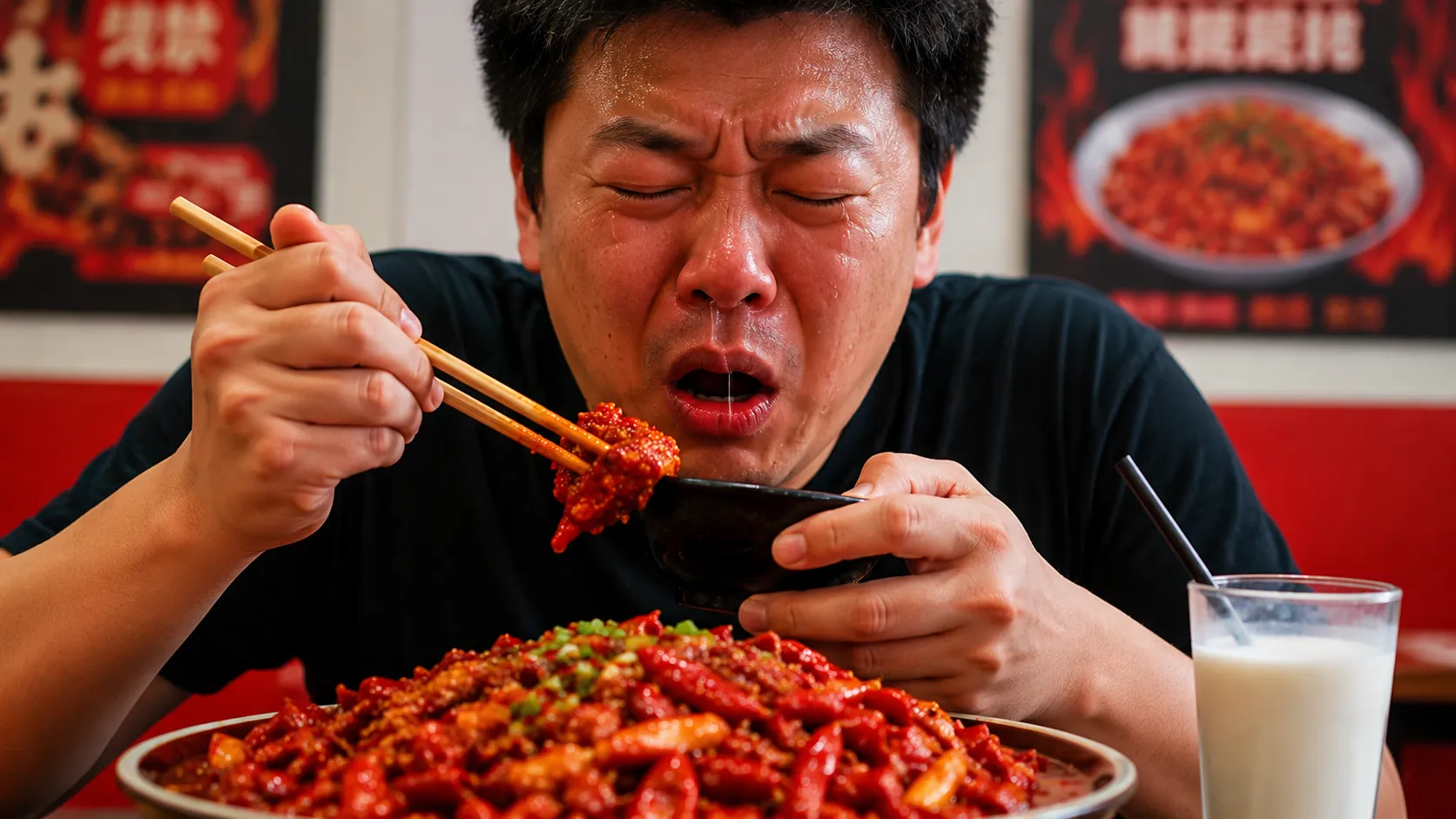 Person eating a chili pepper with eyes watering and nose running visibly