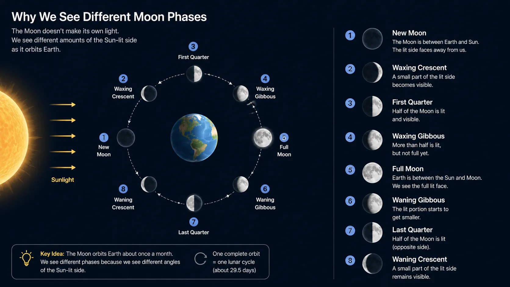 Orbital diagram showing moon phases around Earth
