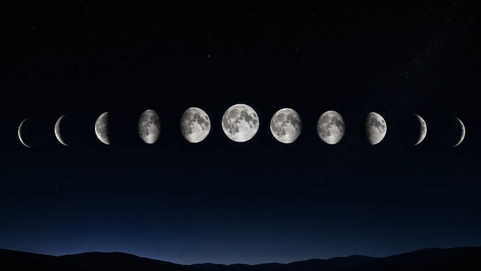 Composite image showing all phases of the moon from new to full and back