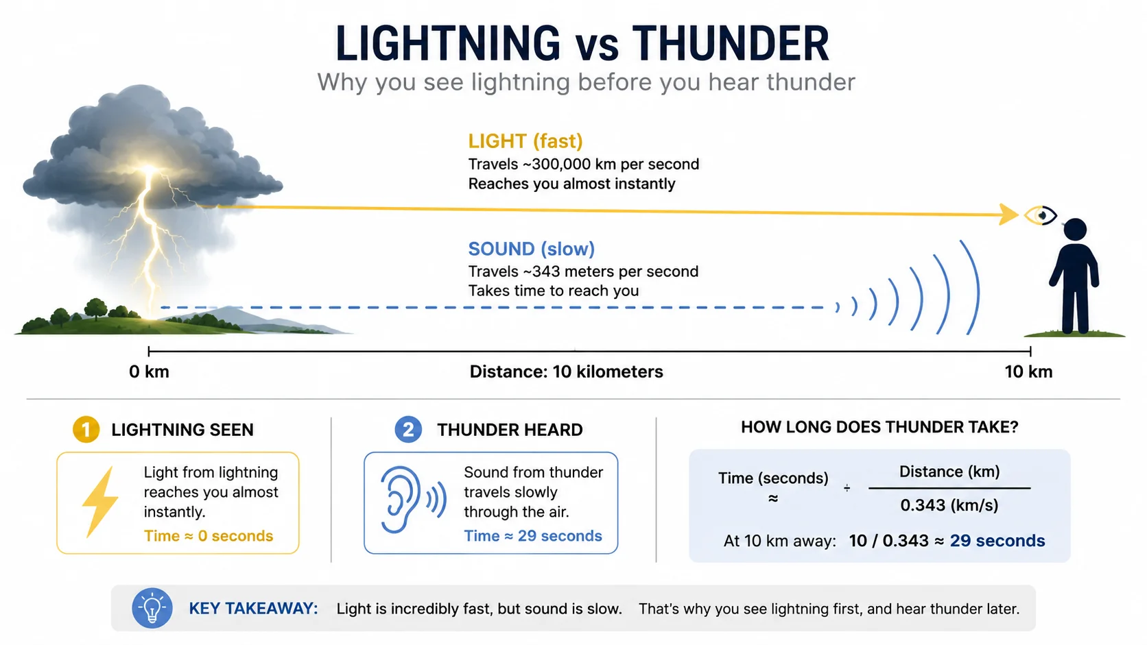 Diagram showing light and sound waves traveling from lightning to an observer at different speeds