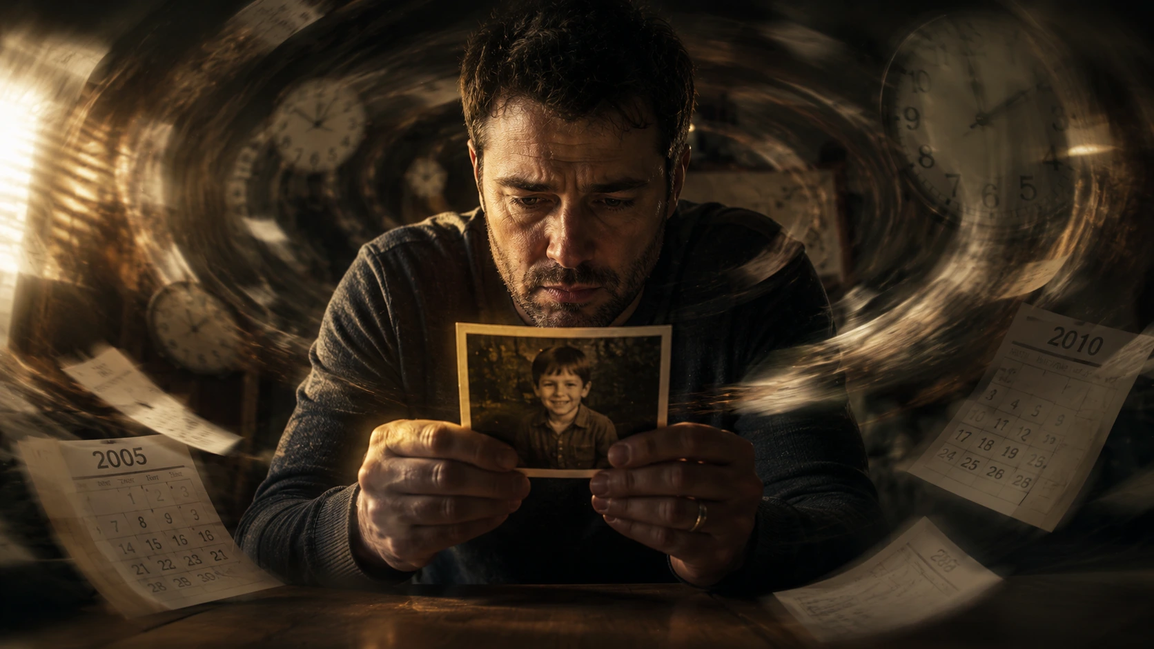 A timeline showing childhood memories feeling long and adult years feeling compressed