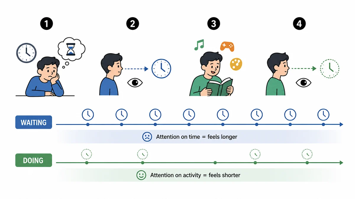 Infographic comparing focused attention during waiting with occupied attention during an activity