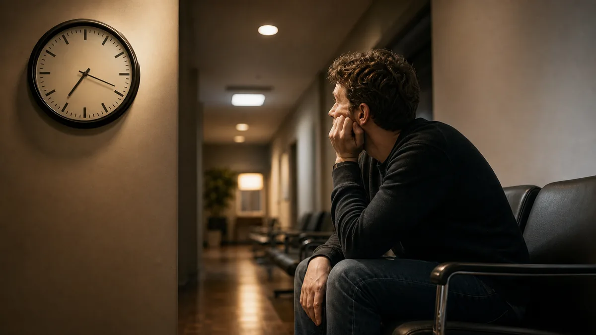 Person sitting and looking at a clock on the wall