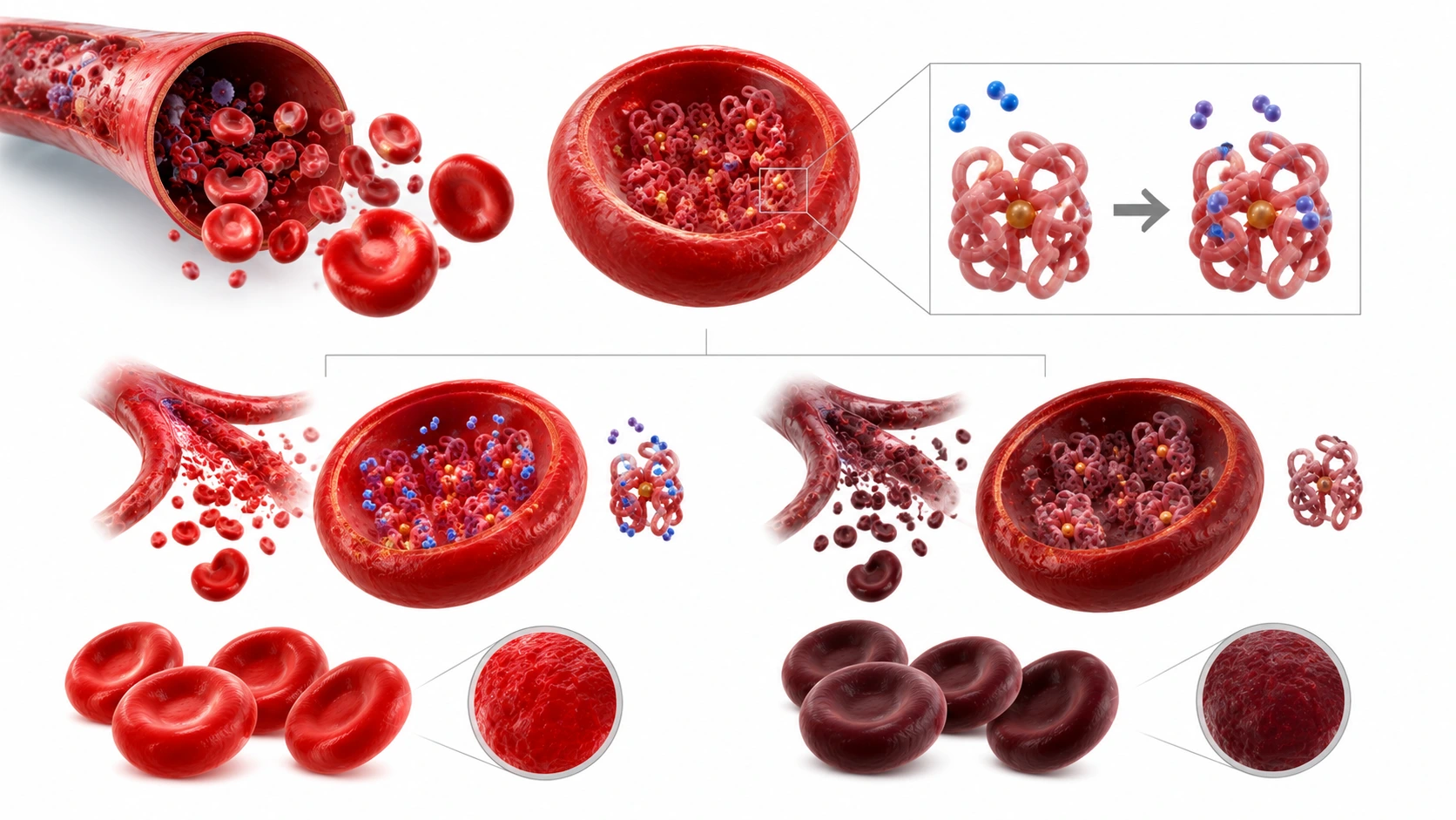 Diagram of hemoglobin molecule with iron-containing heme groups highlighted
