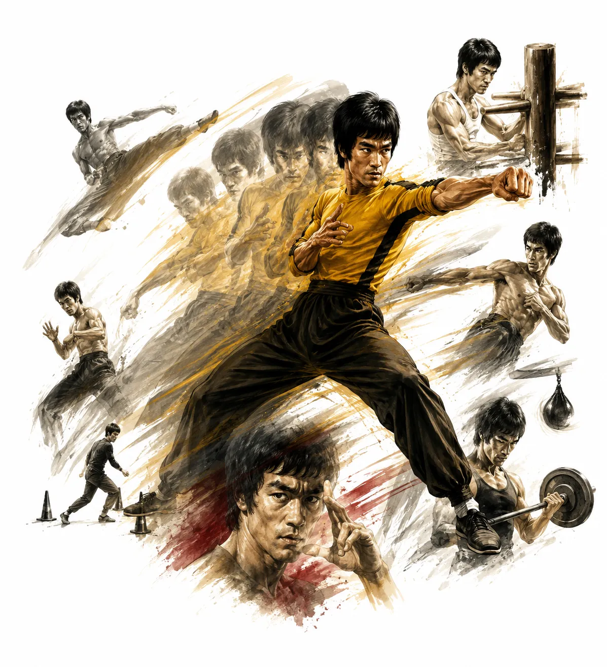 Editorial illustration of Bruce Lee throwing a lightning fast punch with motion trails