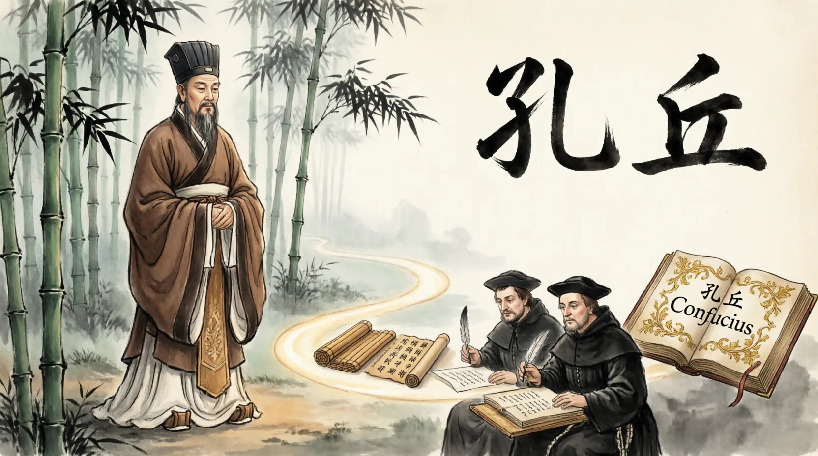 Illustration showing evolution from Kong Qiu to Confucius