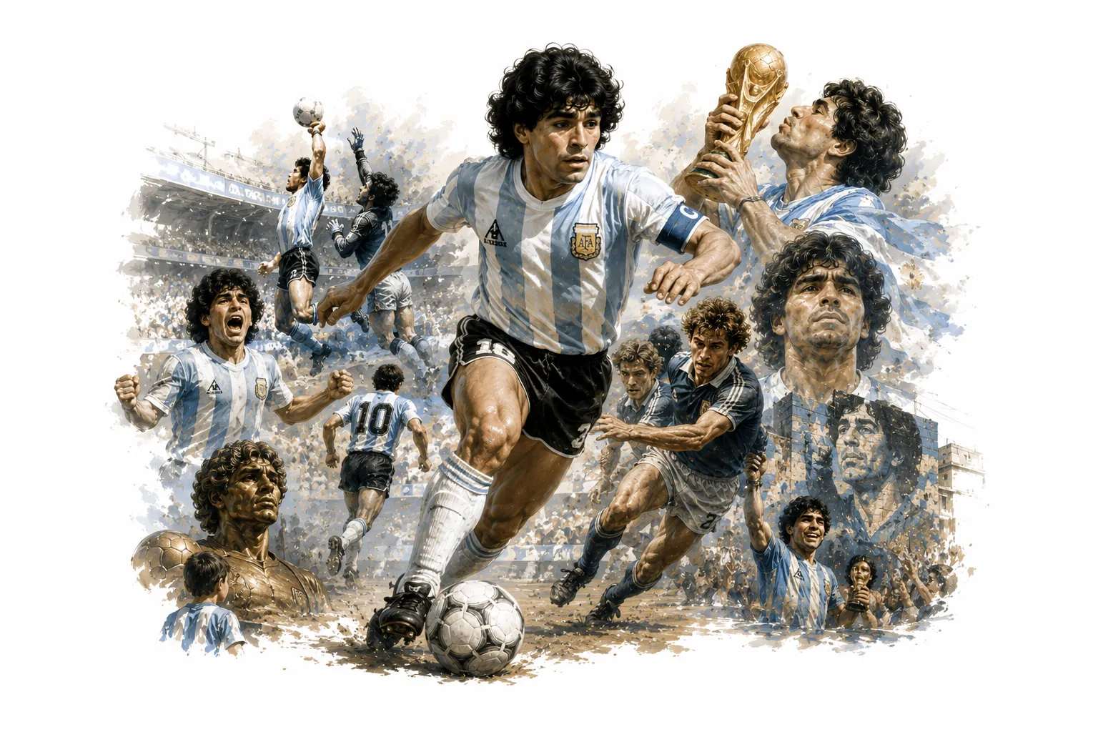 Editorial illustration of Maradona celebrating with the World Cup trophy