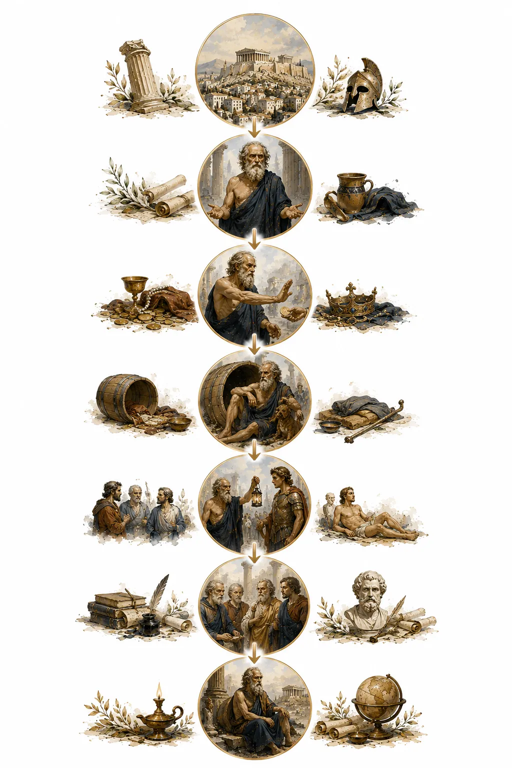 Diagram showing Diogenes's famous acts and their philosophical meanings