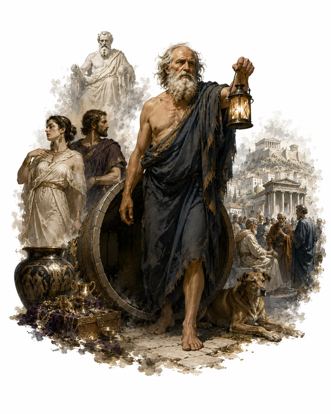 Editorial illustration of Diogenes sitting in a barrel with Alexander the Great
