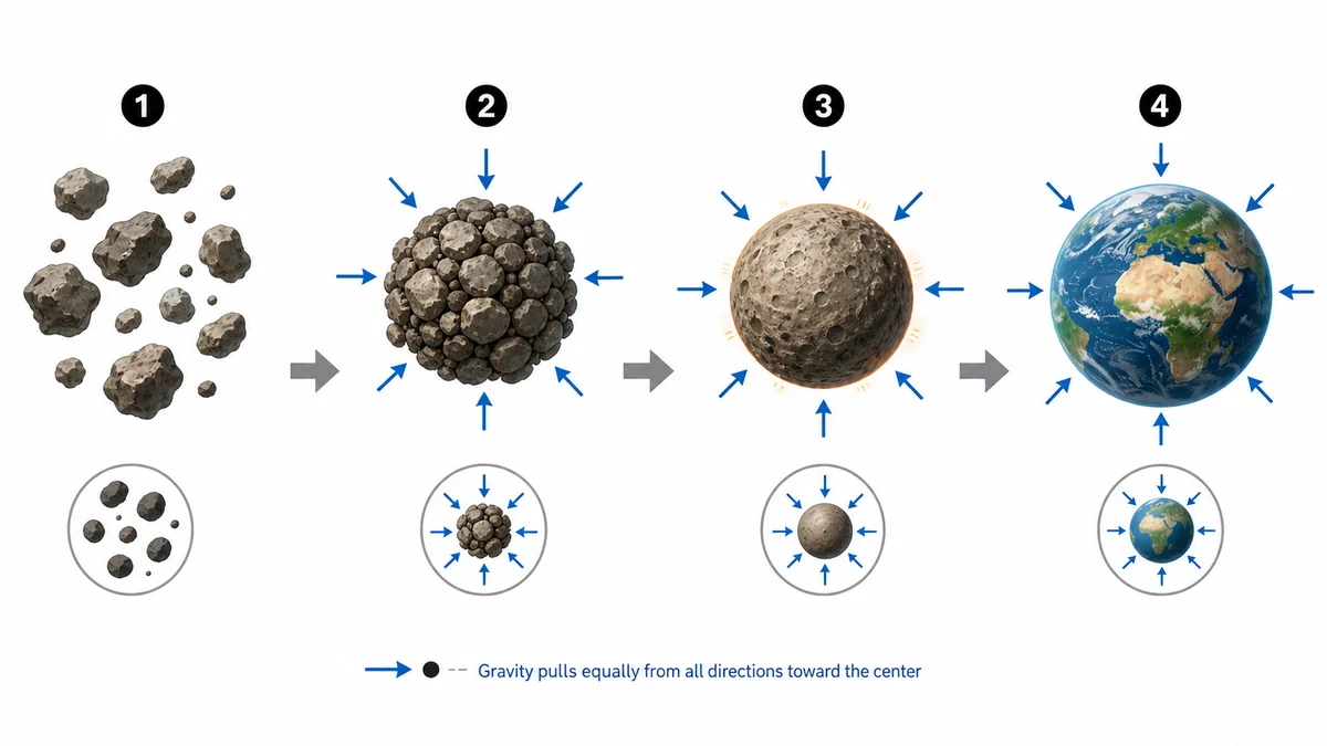 Infographic showing gravity pulling rocky material inward from all directions to form a spherical Earth