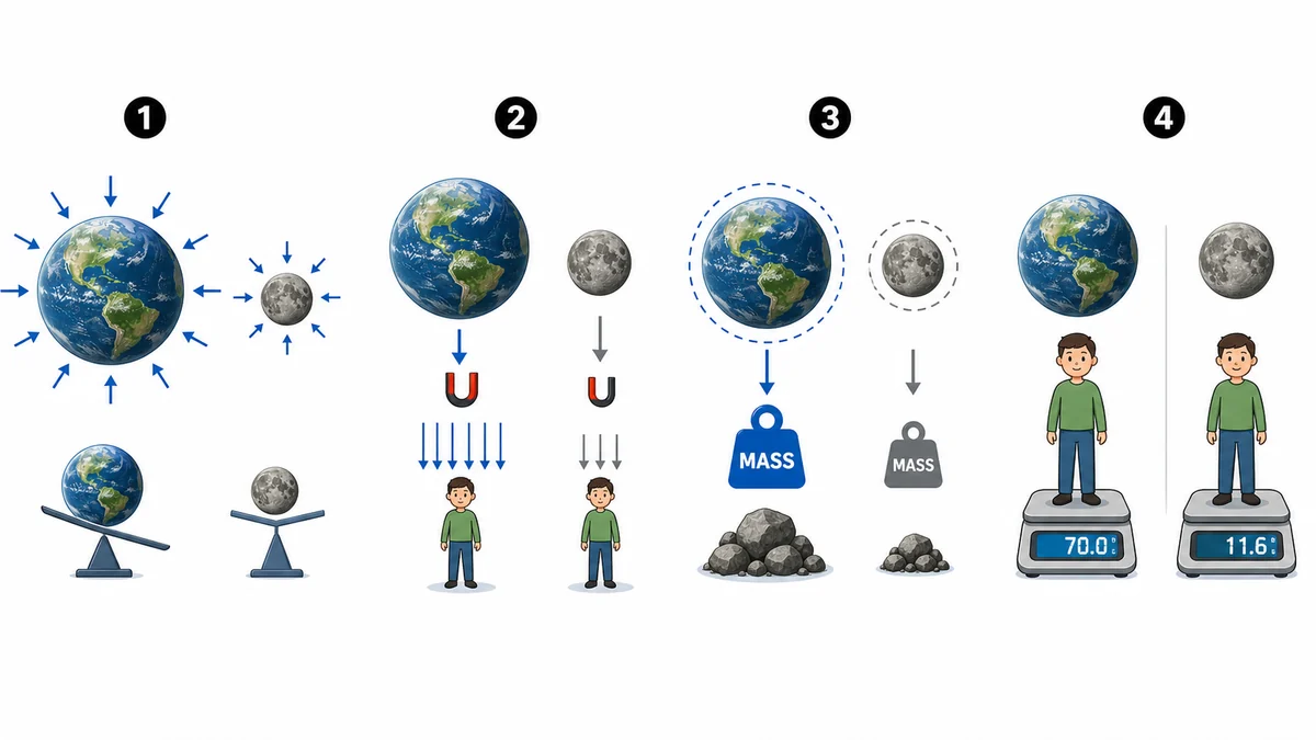 Infographic comparing Earth and Moon gravity using pull arrows and a person weighing less on the Moon