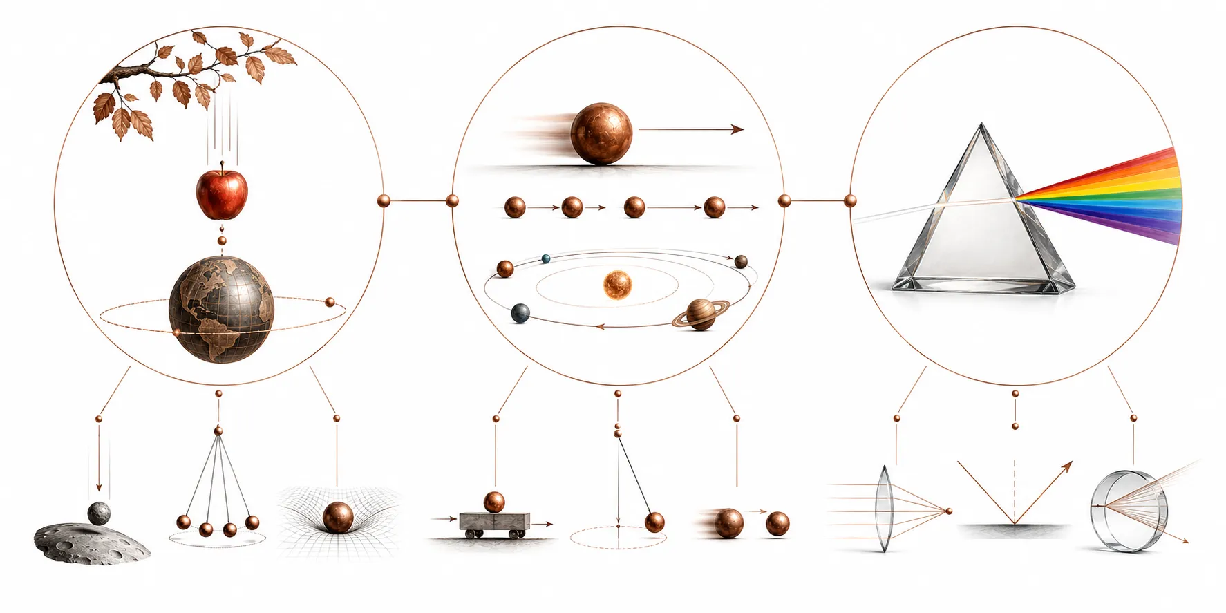Diagram connecting Newton's four major discoveries and showing how each enabled the others