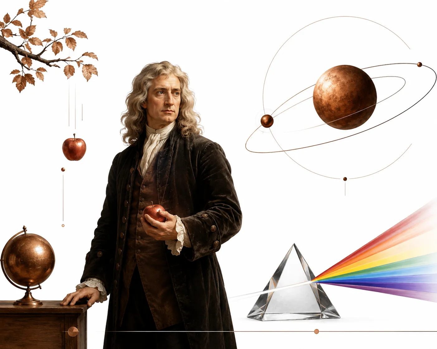 Editorial illustration of Isaac Newton with an apple, prism, and planetary orbits